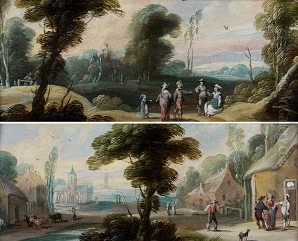 Paysage Anime De Personnages, Entree D'un Village Anime De Personnages (pair) Oil Painting by Jasper van der Laanen