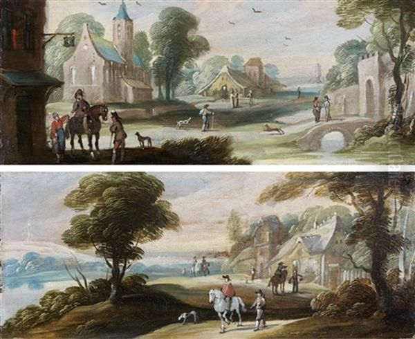 Cavaliers Arrivant A L'auberge Et Cavaliers Longeant Une Riviere (pair) Oil Painting by Jasper van der Laanen