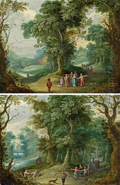 Waldlandschaft Mit Lautenspieler Und Tanzenden Und Waldlandschaft Mit Dudelsackspieler Und Tanzenden (pair) Oil Painting by Jasper van der Laanen