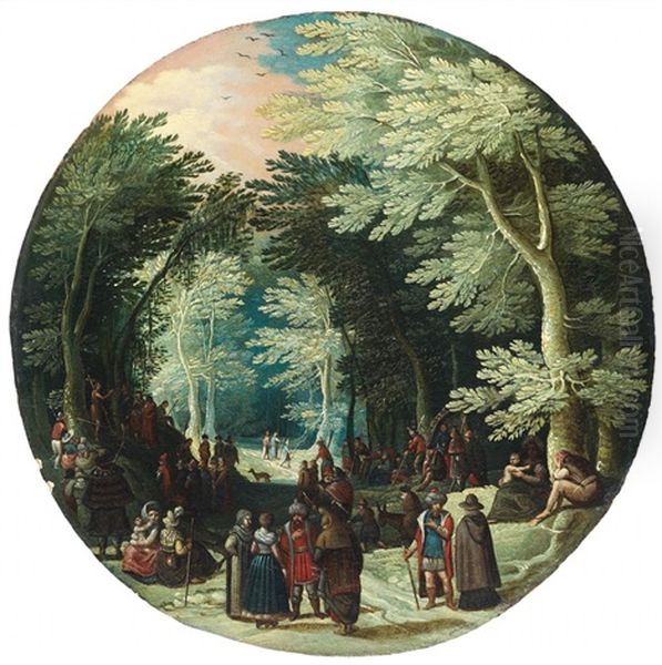 Wooded Landscape With John The Baptist Preaching Wooded Landscape With Noblemen Oil Painting by Jasper van der Laanen