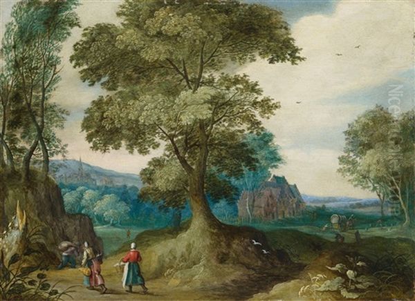 Wooded Landscape With Figural Staffage Oil Painting by Jasper van der Laanen