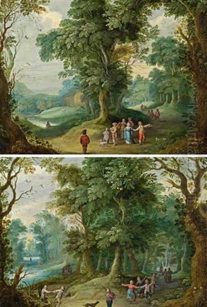 Waldlandschaft Mit Lautenspieler Und Tanzenden Und Waldlandschaft Mit Dudelsackspieler Und Tanzenden (pair) Oil Painting by Jasper van der Laanen