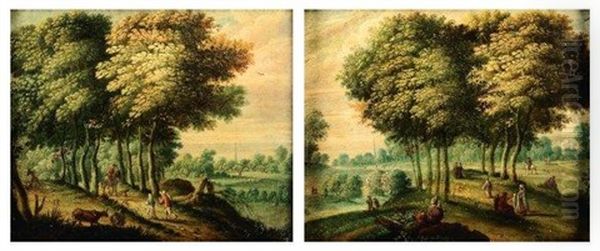 Paysages De Foret Avec Promeneurs (pair) Oil Painting by Jasper van der Laanen