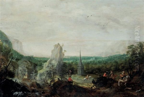 Paysage Avec Moulin Et Cavaliers Oil Painting by Jasper van der Laanen