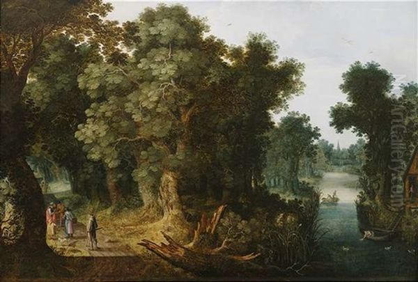 Bewaldete Flusslandschaft Mit Reisenden Auf Einem Weg, Die Sich Von Einer Wahrsagerin Aus Der Hand Lesen Lassen Oil Painting by Jasper van der Laanen