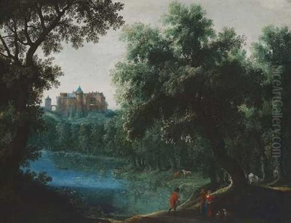 Baumbestandene Uferlandschaft Mit Figurenstaffage Oil Painting by Jasper van der Laanen