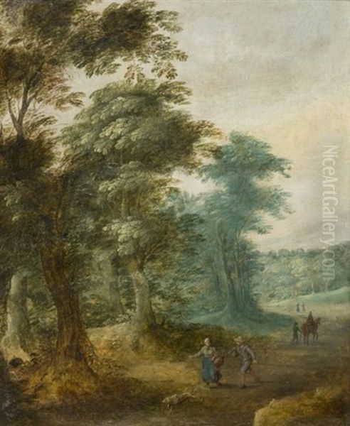 Couple De Promeneurs Sur Un Chemin En Bordure De Foret Oil Painting by Jasper van der Laanen