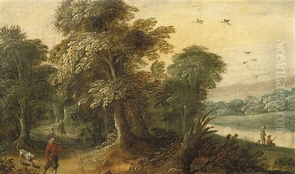 A Forest Landscape With A Huntsman And His Dog, Fishermen Near A Pool Of Water Oil Painting by Jasper van der Laanen