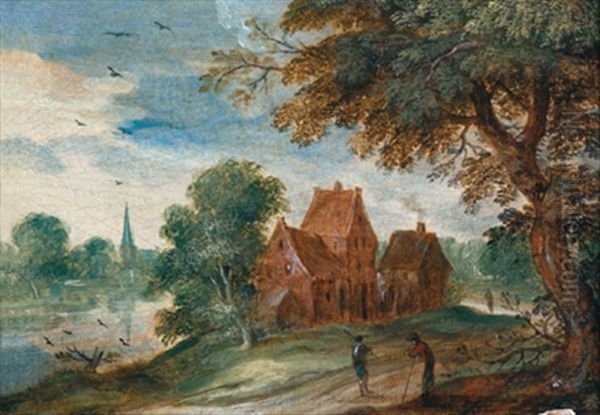 Flusslandschaft Mit Drei Hausern Und Figuren Oil Painting by Jasper van der Laanen