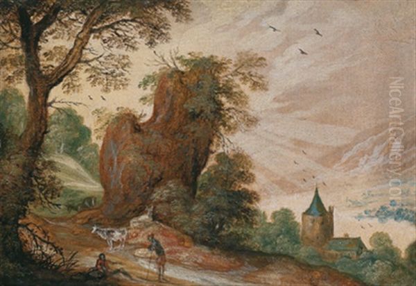 Gebirgige Landschaft Mit Einem Felsen Und Hirten by Jasper van der Laanen