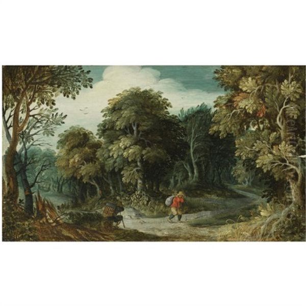 Peasants On A Path In A Forest Oil Painting by Jasper van der Laanen