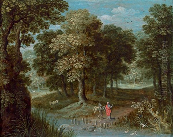 Elias Mit Dem Engel In Einer Paradiesischen Waldlandschaft Oil Painting by Jasper van der Laanen