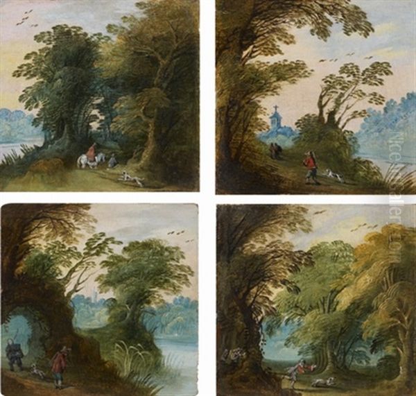 Chasseurs Et Promeneurs Dans Des Paysages (set Of 4) Oil Painting by Jasper van der Laanen