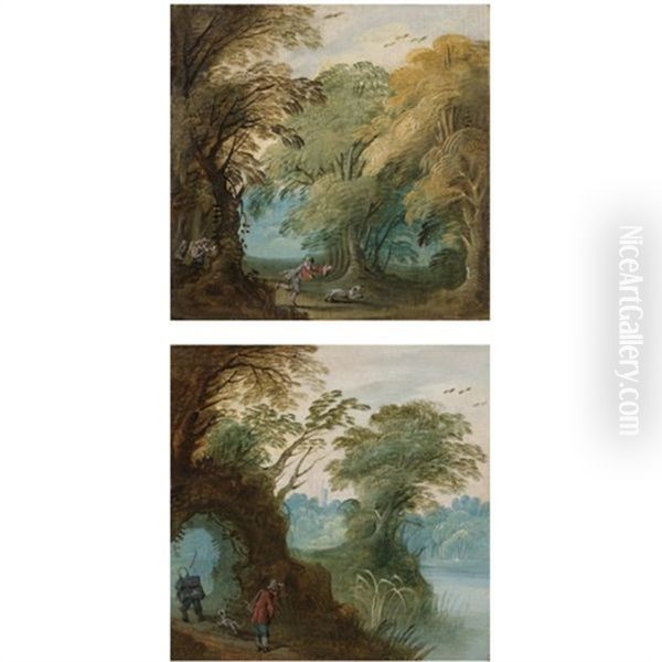 Wooded Landcape With Figures (set Of 4) Oil Painting by Jasper van der Laanen