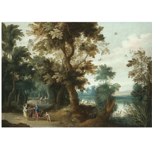 A Wooded River Landscape With Elegant Figures Having Their Fortune Told Oil Painting by Jasper van der Laanen