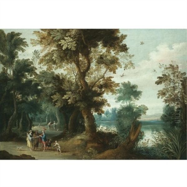 Wooded River Landscape With A Fortune Teller Oil Painting by Jasper van der Laanen