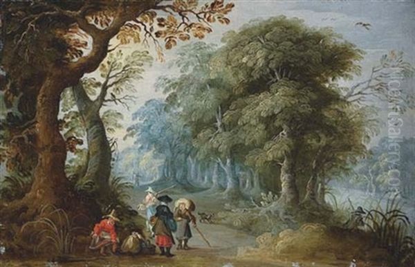 A Wooded Landscape With Travellers On A Track Oil Painting by Jasper van der Laanen