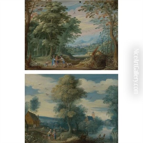 A Landscape With A Wood, Figures Meeting On A Path, And A Village Beyond (+ A Landscape With Little Village Next To A Stream With Figures Conversing; Pair) Oil Painting by Jasper van der Laanen