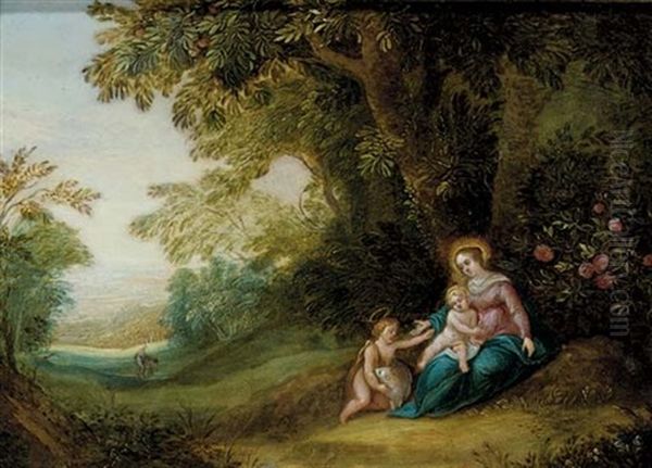 The Virgin And Child With The Infant Saint John The Baptist In A Wooded Landscape Oil Painting by Jasper van der Laanen