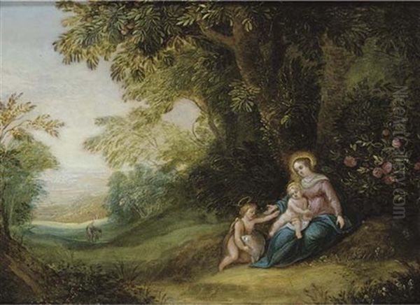 The Virgin And Child With The Infant Saint John The Baptist In A Wooded Landscape ( Circle Of Jasper Van Der Lanen And Peter Van Avont) Oil Painting by Jasper van der Laanen