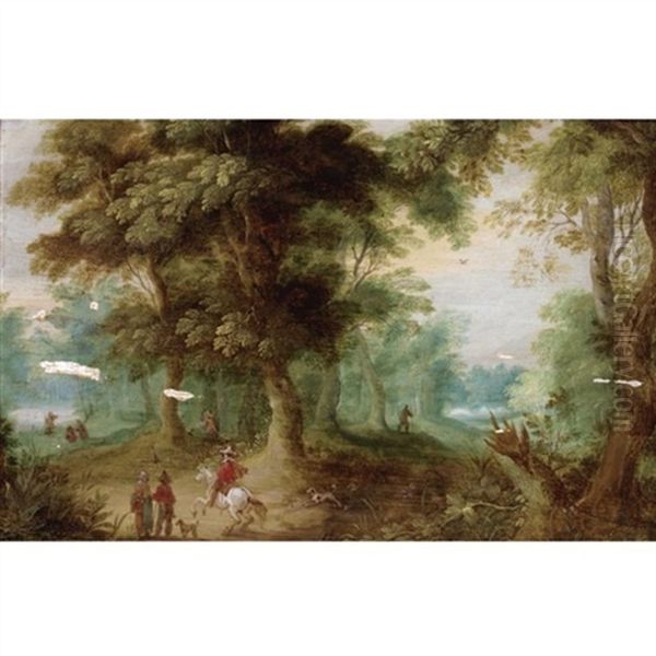 A Wooded Landscape With Huntsmen In The Foreground Oil Painting by Jasper van der Laanen