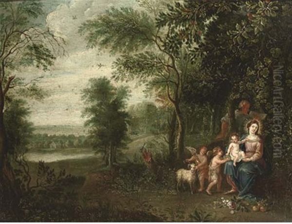 The Holy Family With The Infant Saint John The Baptist And An Angel Resting In A Wooded Landscape Oil Painting by Jasper van der Laanen