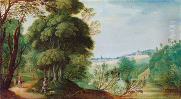 Bewaldete Flusslandschaft Mit Reisenden Oil Painting by Jasper van der Laanen