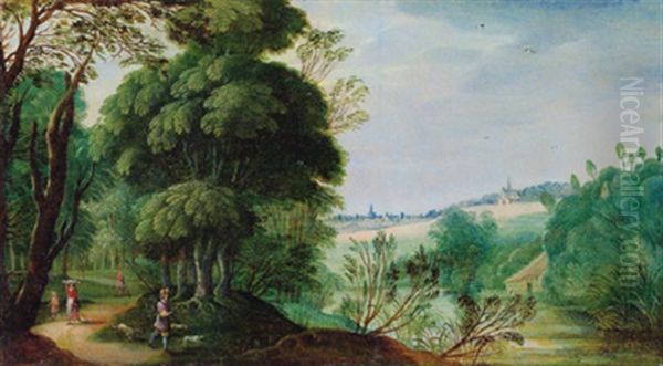 Bewaldete Flusslandschaft Mit Reisenden Oil Painting by Jasper van der Laanen