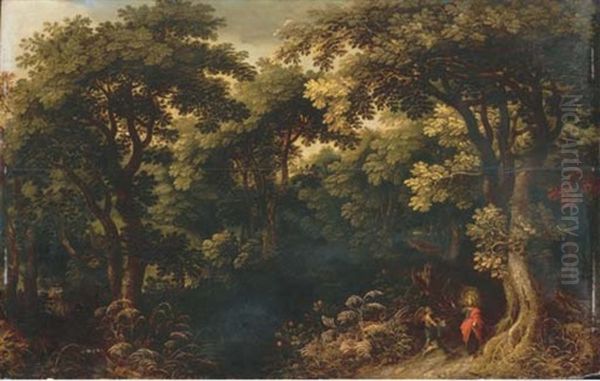 A Wooded Landscape With Christ Tempted By The Devil Oil Painting by Jasper van der Laanen