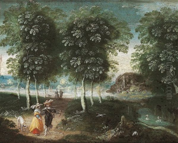 Waldlandschaft Mit Einem Eleganten Paar Oil Painting by Jasper van der Laanen