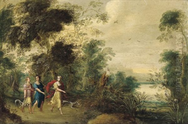 Diana Mit Ihren Gefahrtinnen In Einer Waldlandschaft Oil Painting by Jasper van der Laanen