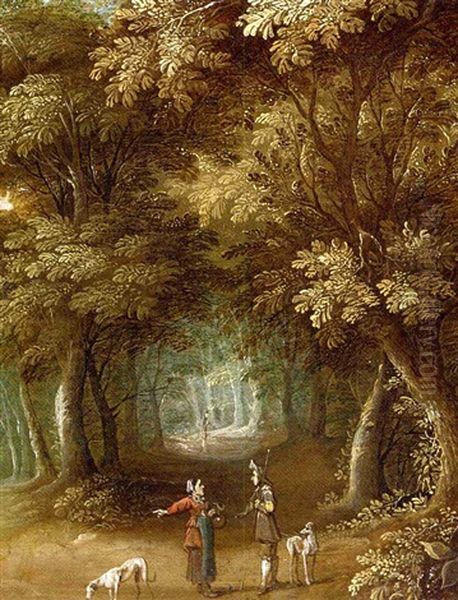 A Wooded Landscape With Travellers On A Path Oil Painting by Jasper van der Laanen