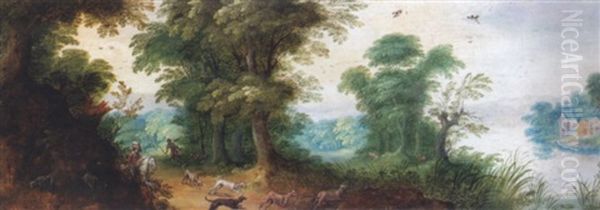 A Wooded Landscape With Hunters And Their Dogs Chasing Deers by Jasper van der Laanen