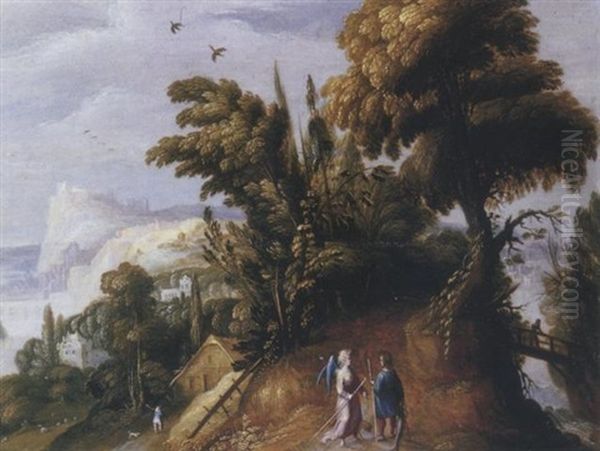 An Extensive Landscape With Tobias And The Angel Oil Painting by Jasper van der Laanen