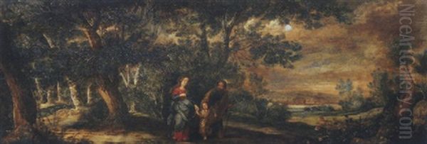 A Wooded Landscape With The Return From The Flight Into Egypt Oil Painting by Jasper van der Laanen