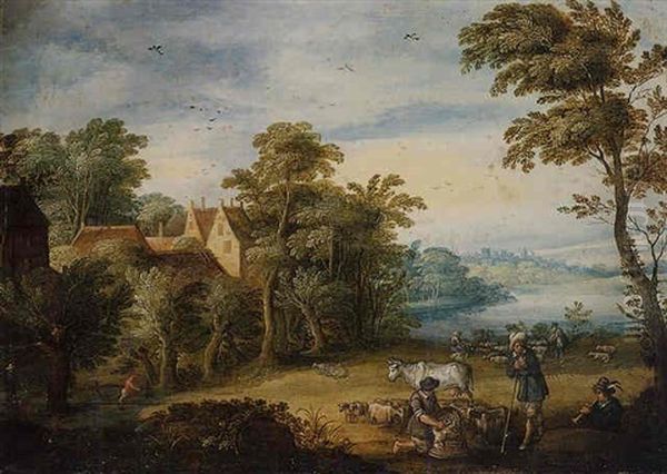 A River Landscape With Shepherds Shearing Sheep In The Foreground Oil Painting by Jasper van der Laanen