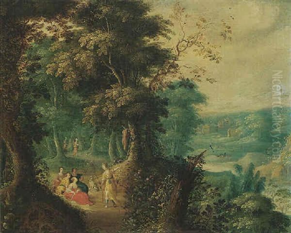 A Wooded Landscape With Diana And Her Nymphs Oil Painting by Jasper van der Laanen