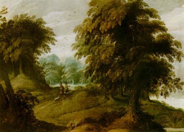 Travellers Walking On A Path In A Wooded Landscape Oil Painting by Jasper van der Laanen