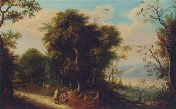 A Wooded River Landscape With Figures On A Track Oil Painting by Jasper van der Laanen