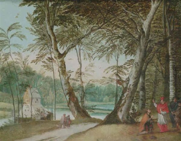 A  Wooded Landscape With A Beggar Kneeling Before A Cardinal Oil Painting by Jasper van der Laanen