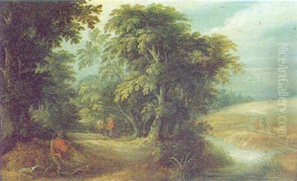 Bewaldete Fluslandschaft Mit Reisenden Oil Painting by Jasper van der Laanen