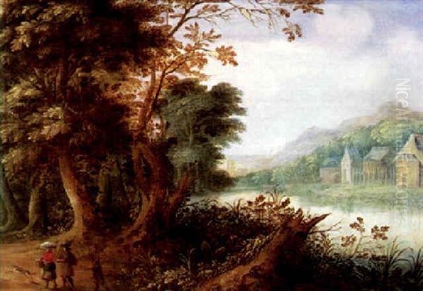 Flusslandschaft Mit Wanderern, Im Hintergrund Ei Weiler Oil Painting by Jasper van der Laanen