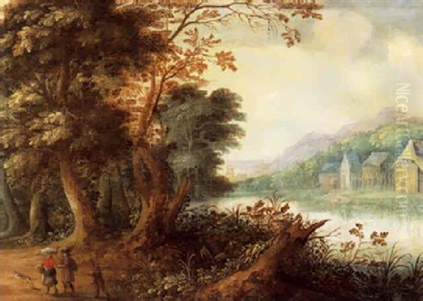 Flusslandschaft Mit Wandernen, Im Hintergrund Ein Weiler Oil Painting by Jasper van der Laanen