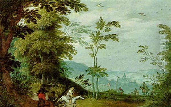 Wooded Landscape With Travellers On Horseback, A Town And Herd In A Meadow Beyond Oil Painting by Jasper van der Laanen