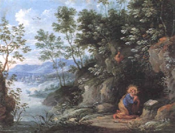 St. Peter Praying With An Extensive Landscape Beyond Oil Painting by Jasper van der Laanen