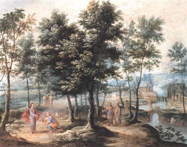 Christ Delivering The Keys To St. Peter In A Landscape Oil Painting by Jasper van der Laanen