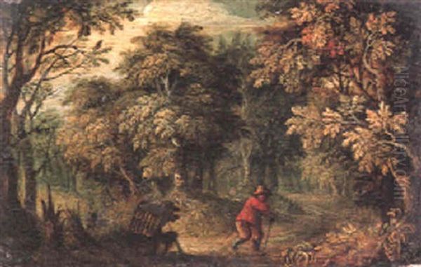 Two Birdcatchers On A Woodland Path Oil Painting by Jasper van der Laanen