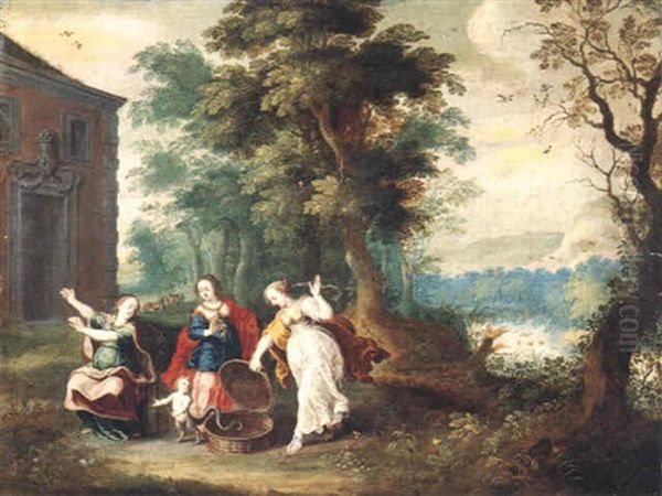 Aglauros, Pandrosos Et Herse Avec Erichtonius Oil Painting by Jasper van der Laanen