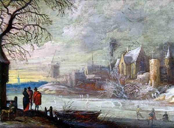 Paysage D'hiver Avec Patineurs Oil Painting by Jasper van der Laanen