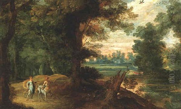 A Wooded River Landscape With The Centaur Nessus And Deianeira Oil Painting by Jasper van der Laanen